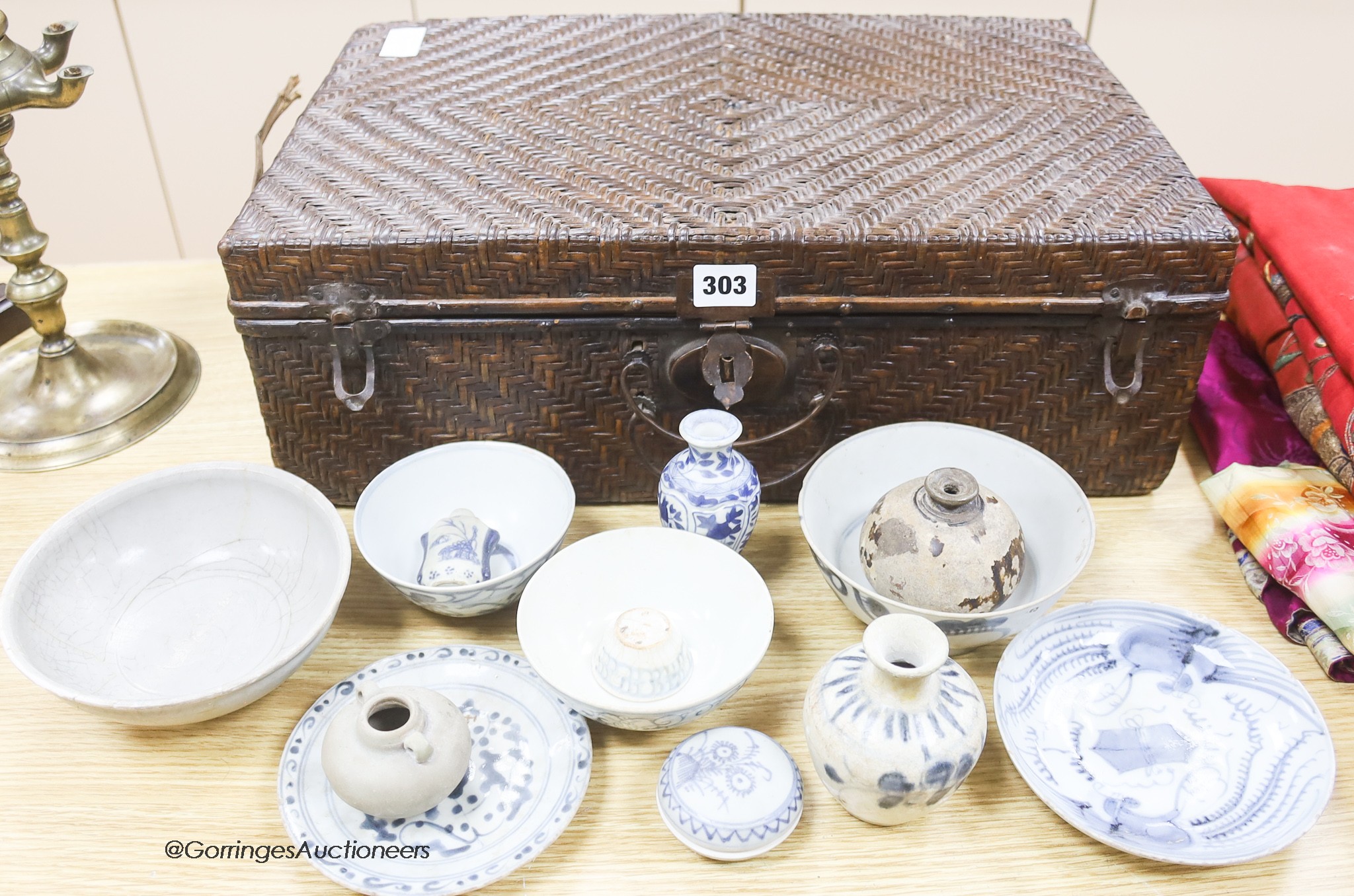 A collection of Chinese and Annamese shipwreck ceramics, Song to 19th century including bowls and vases, together with two graduated wicker baskets